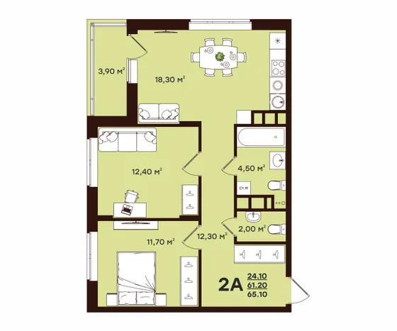 Планировка: 2-комн., 65,1 м²