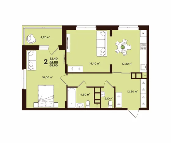 Планировка: 2-комн., 68,9 м²